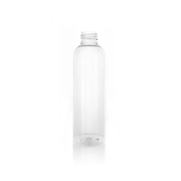 Flakon, 24/410 200 ml, transzparens, hengeres, menetes, PET + Kupak 24/410 fehér, menetes, bordázott