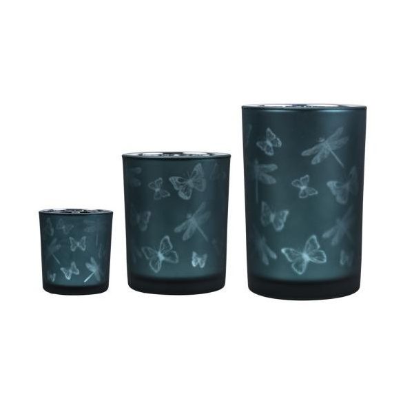 Üveg teamécses tartó, lepke és szitakötő sziluettel, petrol kék, 12 cm XMWLIPM