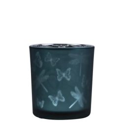   Üveg teamécses tartó, lepke és szitakötő sziluettel, petrol kék, 8 cm XMWLIPS