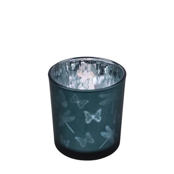 Üveg teamécses tartó, lepke és szitakötő sziluettel, petrol kék, 8 cm XMWLIPS