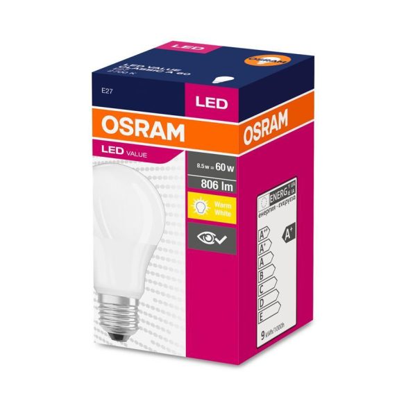 Égő OSRAM® LED FR 060 (ean6842) non-dim, 8,5W/827 E27 2700K Value CLASSIC A