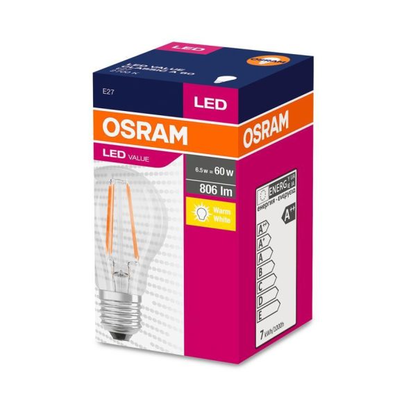 Égő OSRAM® LED FIL 060 (ean9658) non-dim, 7W/827 E27 2700K Value  CLASSIC A