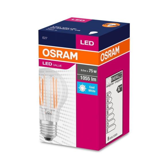 Égő OSRAM® LED FIL 075 (ean8683) non-dim, 8W/840 E27 4000K Value CLASSIC A