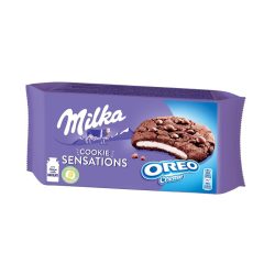   Milka Oreo-s töltelékkel töltött, alpesi tejcsokoládé darabos kakaós keksz 156 g
