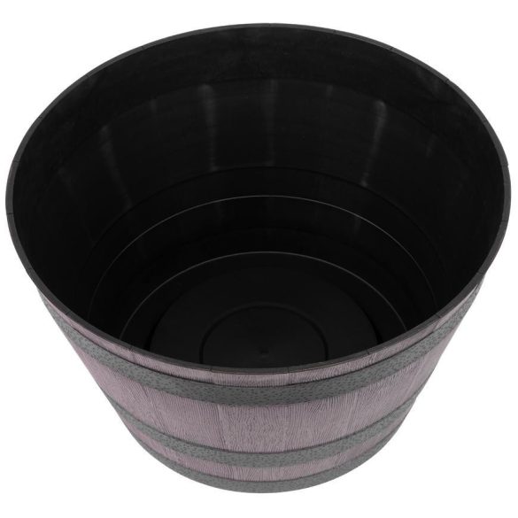 Virágcserép magasság 30cm, átmérő 52cm, szürke, fa hatás, hordó