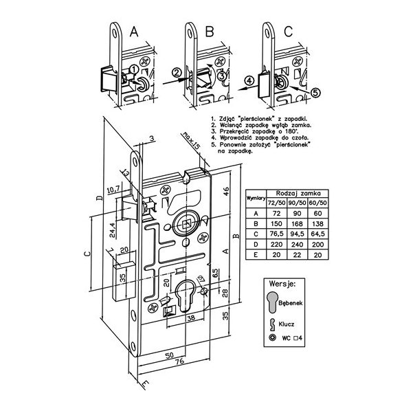 ajtózár DIN WC szim. J/B 72/50/220/20