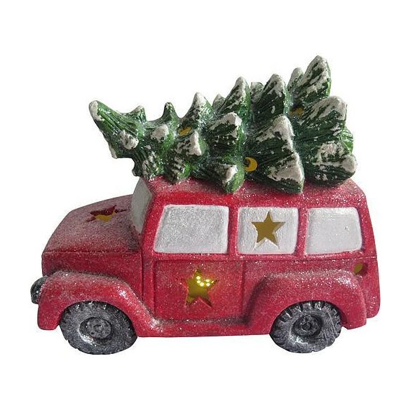 Karácsonyi dekoráció - autó fenyőfával a tetején - LED-es - 35 cm