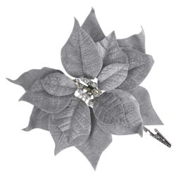 Virág Poinsettia, csipeszel, ezüst, 25x26cm
