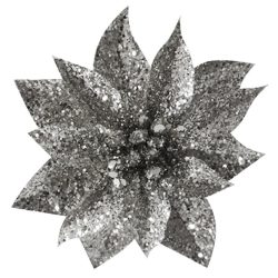 Virág GlitterPoinsettia, csipeszel, ezüst, 9x8cm