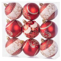   MagicHome karácsonyi gömbok, 9 db, piros, díszítéssel, karácsonyfára, 6 cm