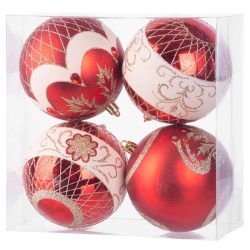   MagicHome karácsonyi gömbok, 4 db, piros, díszítéssel, karácsonyfára, 10 cm