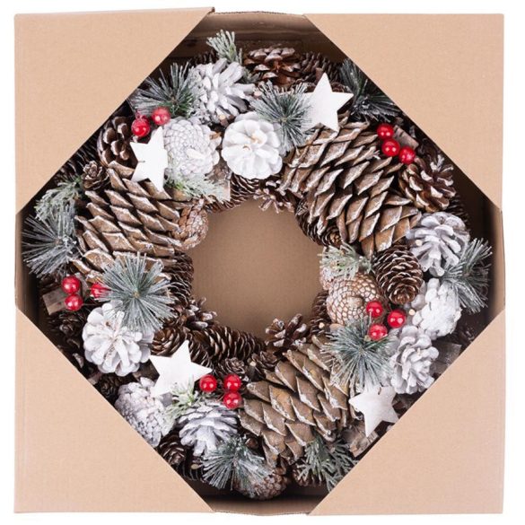 MagicHome karácsonyi koszorú, natúr, fehér tobozokkal, felfüggeszthető, 37 x 9 x 37 cm