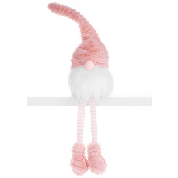 MagicHome karácsonyi szobor, Manó hosszú lábbal, szövet, rózsaszín-fehér, 14,5 x 13,5 x 42 cm