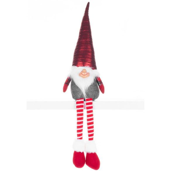 MagicHome karácsonyi szobor, Manó hosszú lábbal, szövet, piros-szürke, 17 x 12 x 59 cm