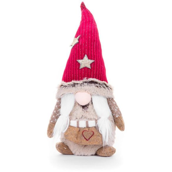 MagicHome karácsonyi szobor, Manó rövid lábbal és rövid szakállal, szövet, piros-barna, 19 x 13 x 35