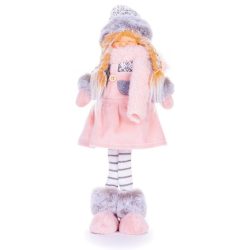   MagicHome karácsonyi szobor, Lány magas kalappal, szövet, rózsaszín-szürke, 17 x 13 x 48 cm