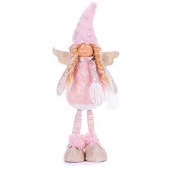   MagicHome karácsonyi szobor, Angyal szőke copfokkal szoknyával, szövet, rózsaszín-barna, 17,5 x 10 x