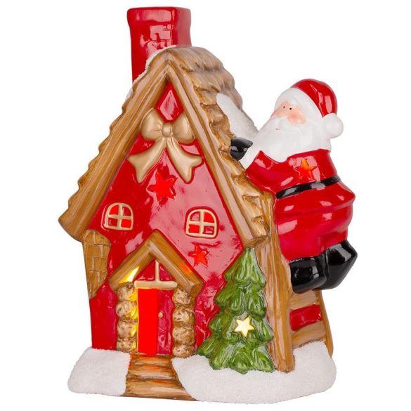 MagicHome karácsonyi dekoráció, Házikó Mikulással a tetőn, LED, terrakotta, felfüggesztő, 2x AAA, 27