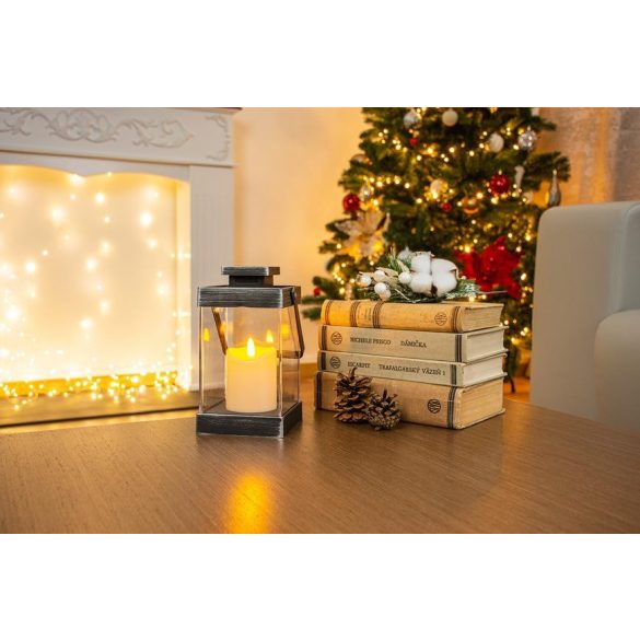 MagicHome karácsonyi retró lámpa, gyertyával, fekete, 3x AAA, műanyag, időzítő, 10 x 18,5 cm