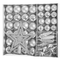   MagicHome karácsonyi gömbok, készlet, 50 db, 4-5 cm, ezüst, csillag, füzér, toboz, karácsonyfára