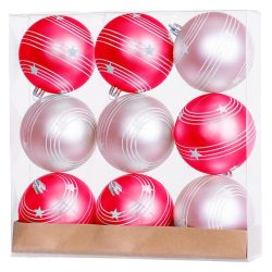   MagicHome karácsonyi gömbok, 9 db, piros-rózsaszín, matt, dekorációval, karácsonyfára, 6 cm
