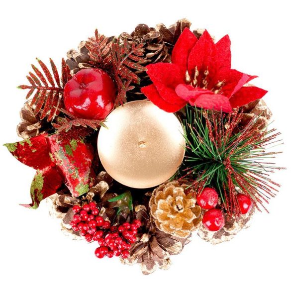 MagicHome karácsonyi gyertyatartó, fenyőágakkal és virággal, natúr, 15 cm