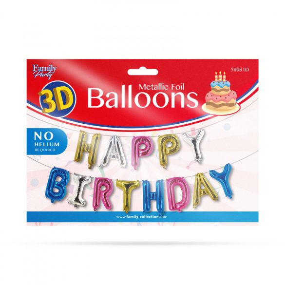 3D Születésnapi "Happy Birthday" lufi - többszínű - 18 cm