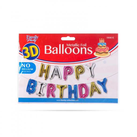 3D Születésnapi "Happy Birthday" lufi - többszínű - 33 cm