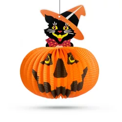   Halloween-i tökös lampion - macskával - akasztható - 26 cm