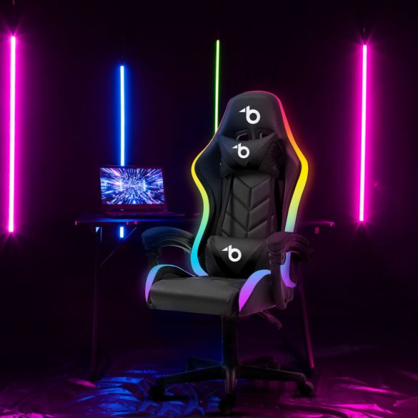 RGB LED-es gamer szék - karfával, párnával - fekete