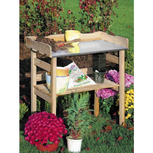 fenyőfából készült kerti asztal tárolóval, kertészkedéshez