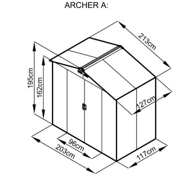 ARCHER "A" GREY fém kerti ház, tároló - 213 x 127 x 195 cm, szürke