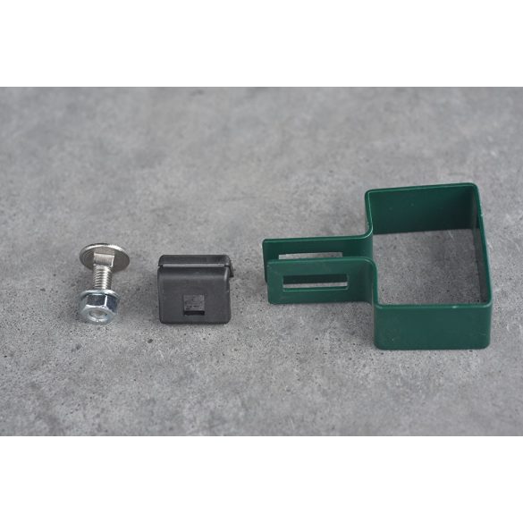 LEMEZES ÁTÖLELŐ BILINCS, MŰANYAG BETÉTTEL - 60X40 MM-ES OSZLOPOKHOZ / HORGANYZOTT VAGY PVC/ Vég bilincs - PVC (zöld) (FEM213)