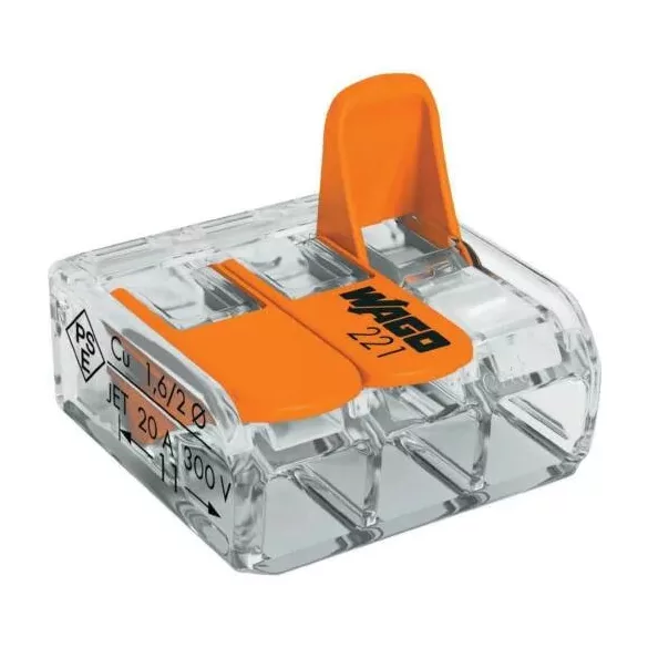Wago 221-413 Univerzális vezeték összekötő 3x0,14-4mm2 átlátszó + narancs karok